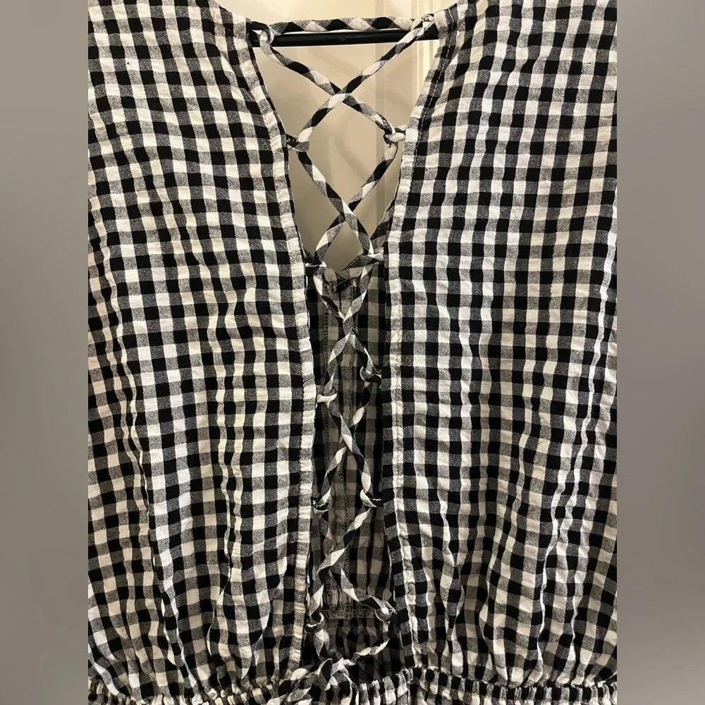 Mango Black & White Gingham V-Neck Open Back Midi Dress - Picture 4 of 6